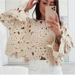zara | NWT | ivory thick knit crochet crop sweater
